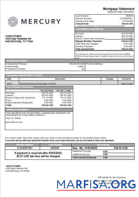 Downloadable USA CA San Francisco Mercury bank mortgage statement in Word and PDF formats sample